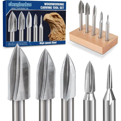 Rotary Tool Rotary Burr Set 5 Pieces Wood Shank 6MM for DIY Wood Carving Engraving Drilling Large Wood Carving (1/5)