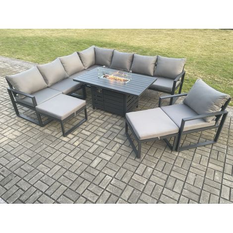 Fimous Aluminium 10 Seater Garden Furniture Outdoor Set Patio Lounge Sofa Gas Fire Pit Dining Table Set with Chair 2 Big Footstools Dark Grey (1/5)
