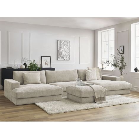 BOBOCHIC - Canapé panoramique fixe compact LEONARD tissu texturé avec pouf Beige (1/5)