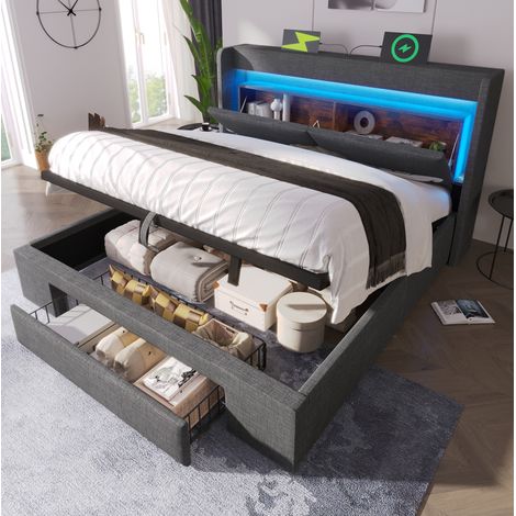 Cama tapizada con almacenaje 160x200 cm gris OKMYHOME (1/5)