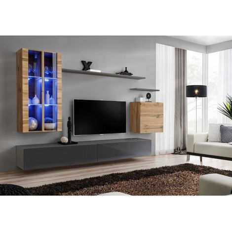 Ensemble mural - Switch XII - 2 vitrines LED - 2 bancs TV - 1 vitrine carrée - 3 étagères - Bois et graphite - Modèle 1 - Livraison gratuite