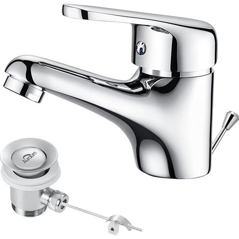 Auralum Mitigeur Lavabo Monotrou avec Tirette de Vidage, Bonde Incluse, Robinet Salle de Bain Chromé S, Robinetterie en Laiton Mousseur Démontable