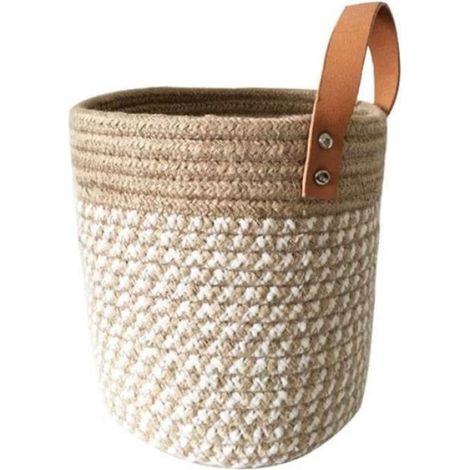 Panier de Rangement - Corde de Coton et Corde de Sac en Cuir - Pour Étagère Placard Cuisine Salle de Bain - 1 Pièce (1/5)