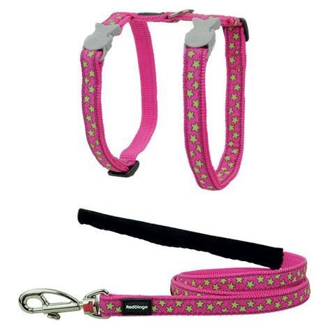 Laisse et harnais chat rose etoiles vertes tour de cou : 21 a 35cm, laisse 1,2m (1/2)