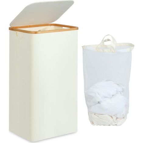 Large Laundry Basket with Lid, 100L Large Dirty Laundry Hamper with Bamboo Handles for Clothes, Foldable Laundry Basket, Large XXL Foldable with Inner Bag, Beige (1/5)