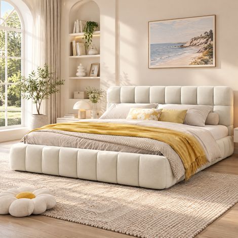 Lit Double Rembourré 140x200 cm, Lit avec dossier moelleux, Lit adulte avec Sommier à Lattes, Lit bubble, Style scandinave, Lin, Beige (1/5)