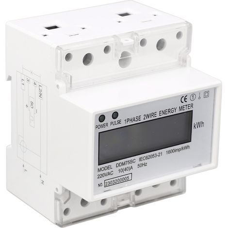 Compteur d'énergie monophasé 2 fils 4P numérique LCD kWh/wattmètre, montage sur rail DIN 35 mm, 220 V CA (1/5)