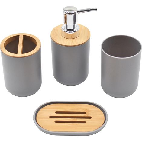 Set Accessoires Salle De Bain - 4 Pièces - Distributeur Savon Liquide - Porte-Brosse À Dents - Gobelet - Plat À Savon - Gris (1/5)