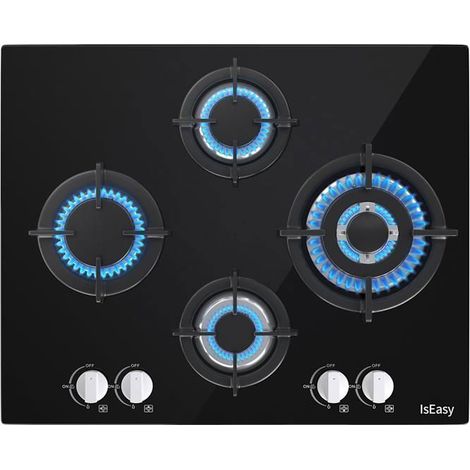 Plaque de cuisson gaz encastrable - 4 feux - Verre trempé noir - 64 cm x 52 cm (1/5)