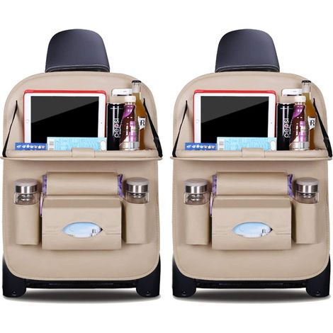 MINKUROW Auto-Organizer Rückenlehnenschutz Luxus Pu-Leder Autositzschutz mit faltbarer Tablet-Halterung Wasserdichter Rückenlehnenschutz Rückenlehnentasche für Kinder (Beige - 2 Stück) (1/5)