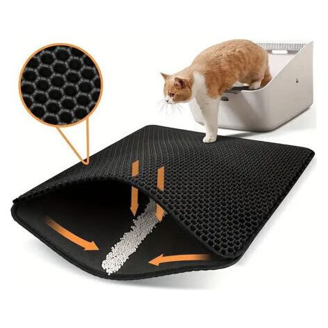 Tapis de litière pour chat 40 x 50 cm, structure alvéolaire double couche en EVA, imperméable à l'urine, contrôle des déchets, facile à nettoyer, lavable, noir (1/5)