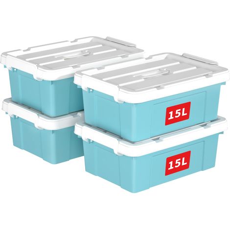 15L4 Boîte de Rangement, Bac de rangement avec Poignée, Plastique Organisateur avec Couvercle, Empilable, Transportable, pour Vêtements, Bureau, Chambre, Dortoirs, Bleu, 15L - Lot de 4 (1/5)