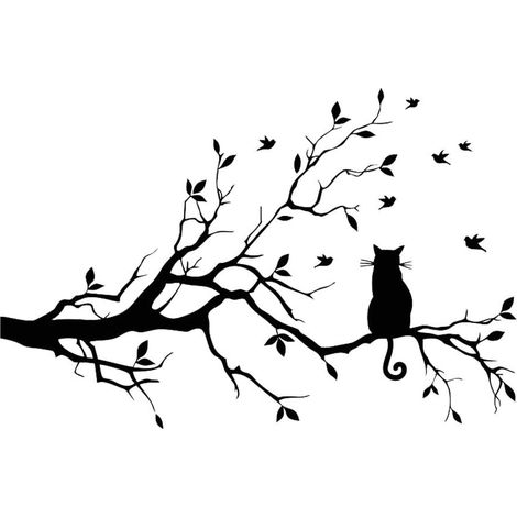 Autocollant Mural Feuilles Branche Chat Oiseau - Vinyle Mat Découpé Sans Fond - Pour Mur Peint Verre Carrelage Métal Lisse - Noir - 150 x 58 cm - 1 Pièce