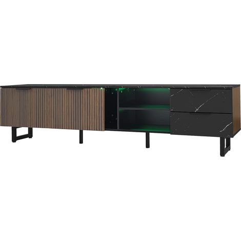 TV-Möbel 200 cm in schwarzer Marmoroptik und dunkler Holzoptik mit LED, 2 Türen, 2 Schubladen (1/5)