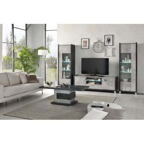 Altobuy – Ensemble salon complet gris aspect béton – Meuble TV 160cm – Vitrine 1P droite et gauche – Table basse 120x65xH46cm (1/5)