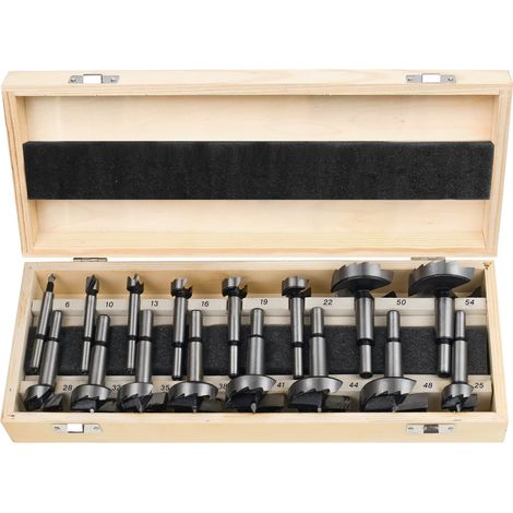 Lot de 16 forets Forstner pour bois - Diamètre 6-54 mm - Embouts Forstner avec tige ronde - Accessoires pour perceuse - Avec boîte en bois (1/5)