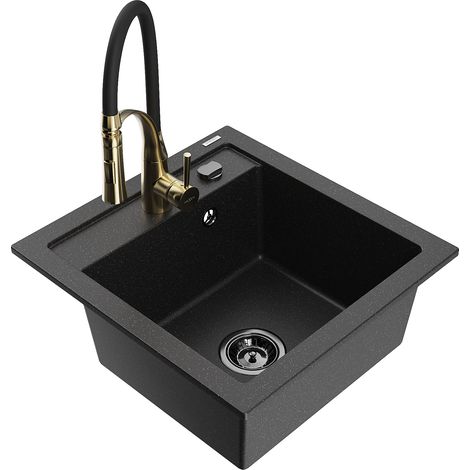 Mexen Vito lavello in granito 1-vasca con miscelatore cucina Aster, nero/argento metallizzato - 6503-73-73450-57-B (1/5)