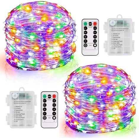 Lot de 2 guirlandes piles 10 m/100 LED, télécommande, fil argenté, 8 modes variables, multicolore, chambre/fête.
