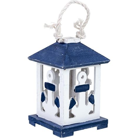 Portavelas de madera colgante con ancla azul 10x10x23h cm
