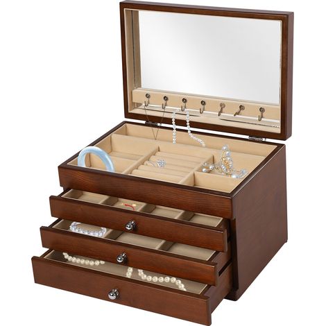 Boîte à bijoux en bois vintage boîte à bijoux organisateur avec 3 tiroirs + miroir
