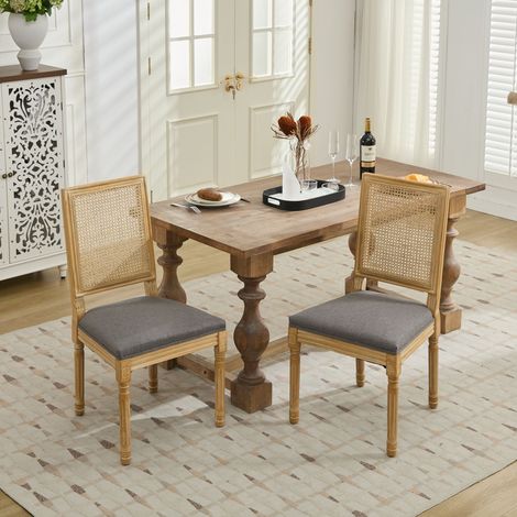 Set di 2 sedie da pranzo in rattan e tessuto effetto lino, struttura in legno, stile francese vintage, per cucina e soggiorno - Grigio (1/5)