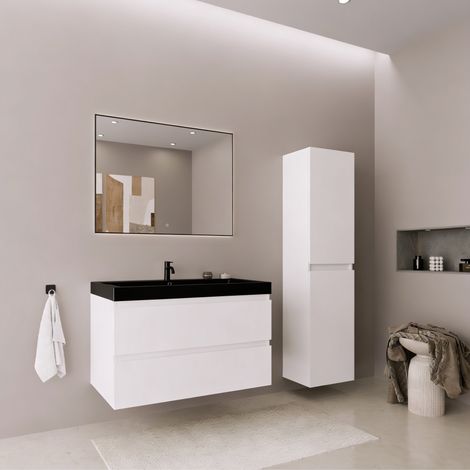 Meuble + colonne Avalon 80cm blanc brillant vasque noire LOMAZOO (1/5)