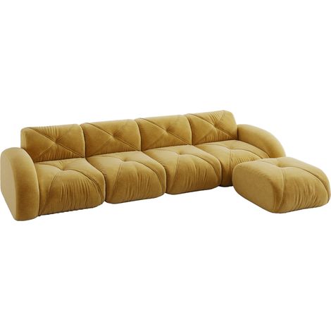 Divano modulare angolare a L 4 posti in tessuto chenille giallo con pouf, senza montaggio (1/5)