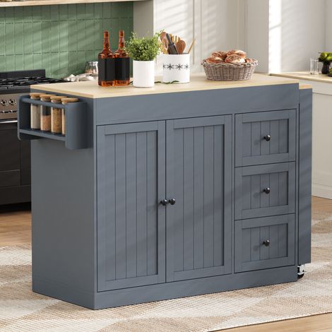 Îlot de cuisine 112-186.8x45x93 cm gris en MDF avec plan de travail extensible, rangements et roulettes (1/5)