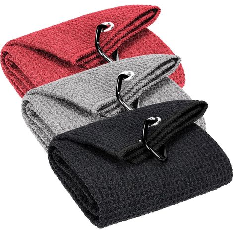 Set da 3 asciugamani da golf in microfibra 40x60 cm - Motivo a nido d'ape con moschettone (nero/grigio/rosso) (1/4)
