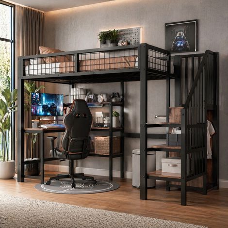 DESMIU Lit mezzanine 1 place avec bureau, étagères et armoire, 90 × 200 cm, sans matelas, noir et brun (1/5)