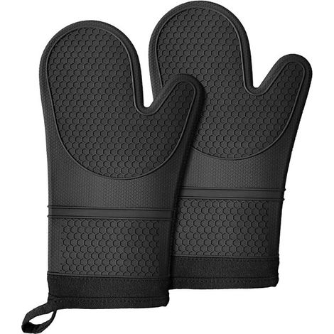 Guantes extralargos de silicona resistentes al calor, antideslizantes, con forro de algodón suave, largos, flexibles y gruesos, para asar a la parrilla, hornear y cocinar, 27,5 cm, color negro. (1/5)