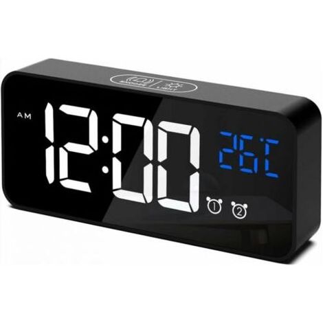 Digitaler Wecker, LED-Digitaluhr mit Temperaturanzeige/Schlummerfunktion/2 Alarme/12/24-Stunden-Anzeige/USB-Ladeanschluss/16 Melodien (Schwarz) (1/5)