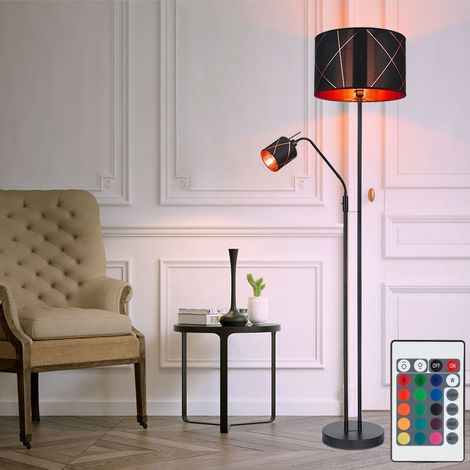 LED Stehleuchte mit Leselampe Deckenfluter dimmbar mit Fernbedienung, RGB Farbwechsel, Metall Textil schwarz gold, Leseleuchte flexibel, 1x 8,5W 806lm 1x 4,8W 470lm warmweiß, DxH 40x175 cm (1/5)