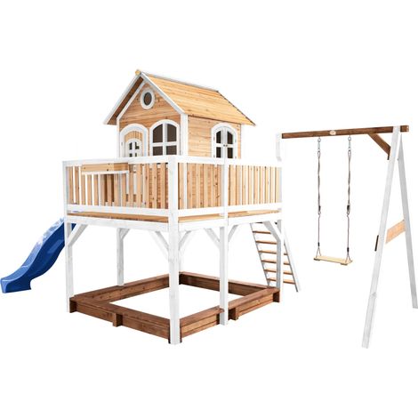 Axi Liam Maison Enfant Avec Bac À Sable, Balançoire & Toboggan Bleu  Aire De Jeux Pour L'Extérieur En Marron & Blanc  Maisonnette / Cabane De Jeu En Bois Fsc
