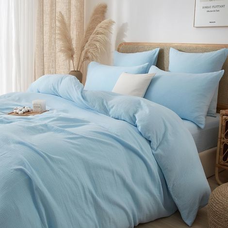 Housse de Couette Gaze de Coton 140x200 Bleu Clair Mousseline Coton Unie 1 Personne Parure de Lit Moderne Douceur Housse Couette avec Fermeture Éclair avec 1 Taie d'oreiller 65x65cm (1/5)