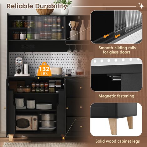 Armoire haute avec prises électriques et planche à découper. Armoire pour les bouteilles de vin, avec des compartiments de rangement. Armoire de cuisine avec des tiroirs. Idéale pour la cuisine et le (1/5)