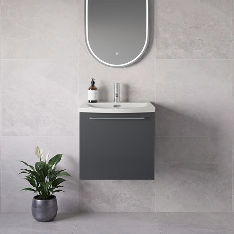 Napoli 390 Gloss Grey 500mm Wall Mounted Single Drawer Vanity Unit with Arc Basin - 500mm - Chrome 320mm Handle