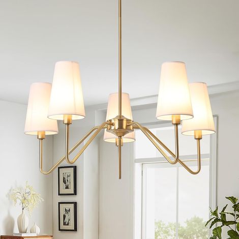 Gold Chandelier Living Room Modern, 5-Light Pendant Light 76 cm E14 Lamp with White Linen Shade for Kitchen Bedroom Hanging Living Room Ceiling Hallway 200 W (1/5)