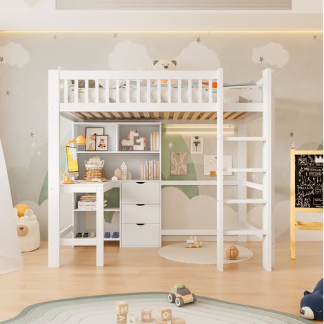 MEUBLIV Lit mezzanine 90x200 cm blanc – bureau et 3 tiroirs, sans matelas (1/5)