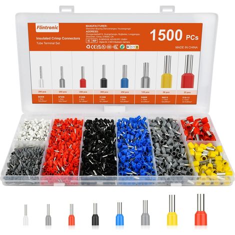 Terminali a crimpare elettrici, 1500 pezzi, 8 tipi di connettori elettrici, pinze per crimpatura di terminali, terminali isolati e kit con scatola di assortimento, per elettricisti (1/5)