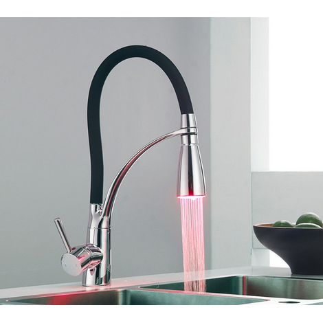 Robinet de cuisine, robinet de cuisine LED avec douchette extractible, mitigeur de cuisine rotatif à 360° noir, robinet d'évier de cuisine en laiton (1/4)