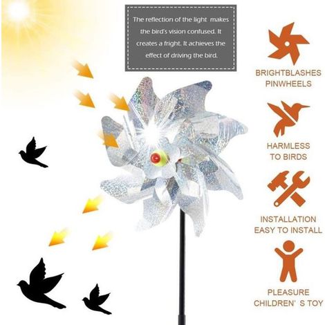 Moulin à vent - Décoration Jardin - Répulsif Oiseaux - 8 Feuilles - Argent - 48x18cm