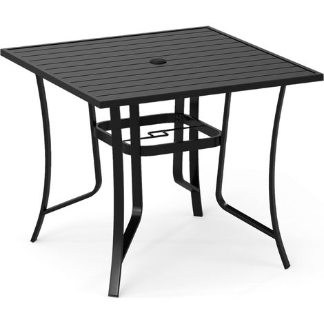 Tavolo da giardino quadrato in metallo con foro per ombrellone, nero, 91 cm