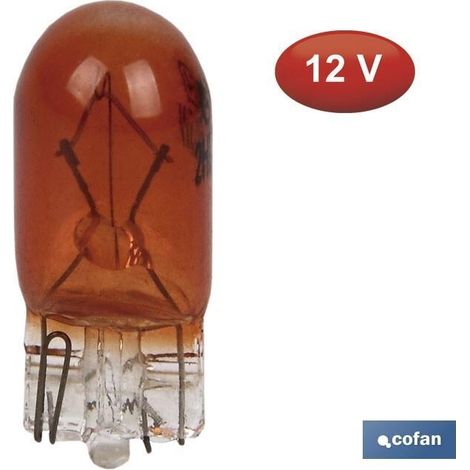 COFAN lámpara s/casquillo w5w 12v ámbar   caja 10 unid. , Lámpara sin casquillo W5W de 12 voltios color ámbar/naranja. Válida para coche, moto y tractor para intermitentes o luces (1/3)