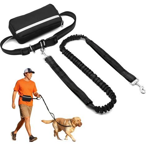 Laisse de jogging mains libres pour chiens avec ceinture ajustable, pour chiens moyens et grands jusqu'à 50 kg, avec doubles poignées élastiques pour le jogging, la marche et la randonnée. (1/5)