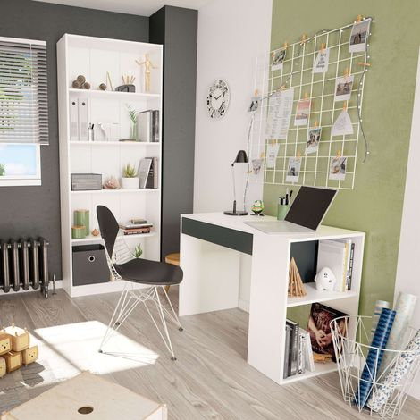 Pack Muebles Estudio Juvenil Color Blanco Y Gris Oficina Despacho Estilo Moderno (escritorio + Estantería)