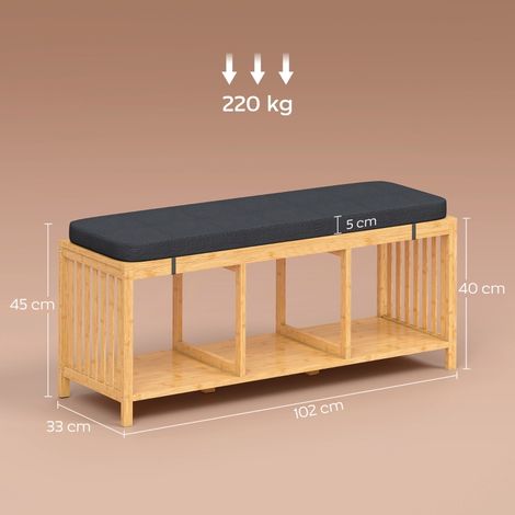 Banc en bambou,banquette de couloir avec coussin de siège rembourré et étagère ouverte,aspect bois naturel