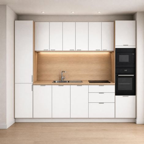 Pack cuisine "en pont" – meubles bas et hauts+ Plan de travail + Crédence + Accessoires - Blanche & Bois (1/5)