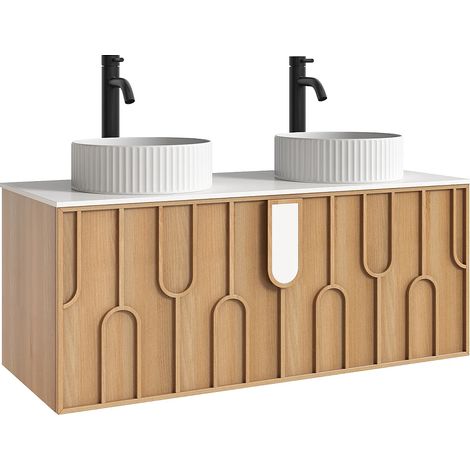 Mobile bagno testurizzato sospeso con doppio lavabo da appoggio rotondo scanalato e rubinetto Naturale chiaro L120 cm - MERKAN (1/5)