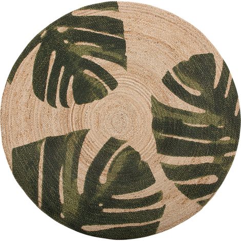 Tappeto tondo in iuta ø 140 cm beige/verde motivo foglie Incik
